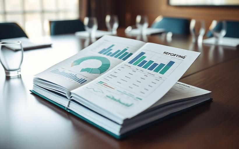 Bound board reporting pack open to financial charts on a boardroom table
