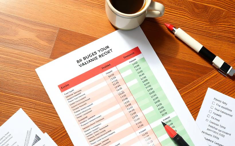 Printed budget variance report with red and green columns on a wooden table
