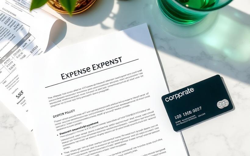 Employee expense policy document beside receipts and a corporate card