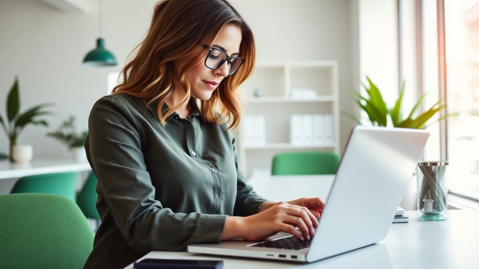 Bookkeeper reconciling bank transactions on a laptop in a bright modern office