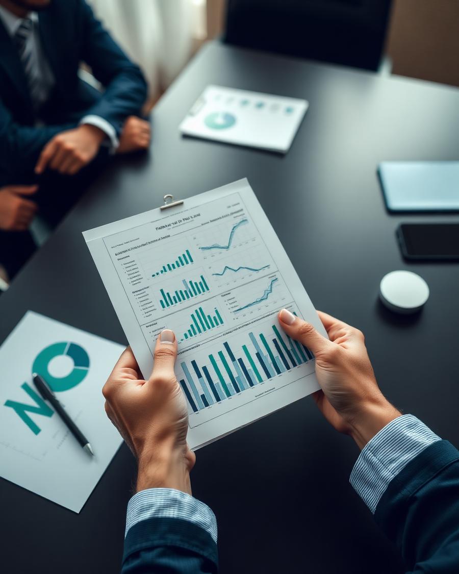 Hands holding a printed financial report with charts across a meeting table