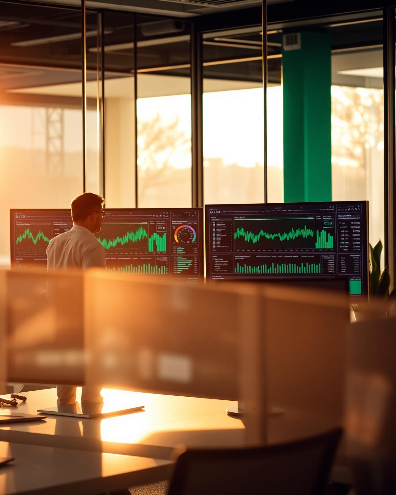 Finance analyst reviewing emerald-green financial dashboards on large monitors in a modern office at golden hour
